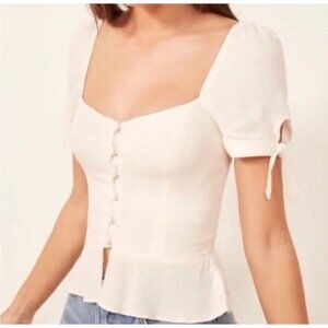 Reformation Blouse Sweetheart Neck Button Peplum Smocked Sleeve Ties Lightweight